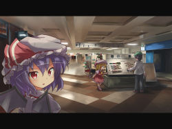 Rule 34 | 1boy, 2girls, :o, bat wings, beer can, black hair, blonde hair, can, ceiling, commentary request, drink can, flandre scarlet, flat cap, from behind, hat, hat ribbon, indoors, letterboxed, light purple hair, long sleeves, looking at viewer, looking back, mall, map, mcdonald&#039;s, mob cap, multiple girls, pants, pointing, real world location, realistic, red eyes, remilia scarlet, ribbon, ryogo, short hair, short sleeves, sign, skirt, skirt set, stairs, tile floor, tiles, touhou, upper body, wings, zun