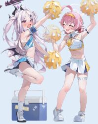 2girls absurdres ahoge armband black_halo black_horns blue_archive blush breasts cheerleader crop_top demon_girl demon_horns demon_wings double_bun embarrassed forehead hair_between_eyes hair_bun hairband halo highres hina_(blue_archive) holding holding_pom_poms horns hoshino_(blue_archive) huge_ahoge low_wings millennium_cheerleader_outfit_(blue_archive) miniskirt multiple_girls multiple_horns navel nose_blush open_mouth parted_bangs pink_hair pink_halo pleated_skirt pom_pom_(cheerleading) pom_poms purple_eyes shoes skirt small_breasts sneakers socks star_sticker sticker_on_chest sticker_on_face text_print thigh_strap two_side_up um_111 white_footwear white_hair white_skirt white_socks wings yellow_hairband