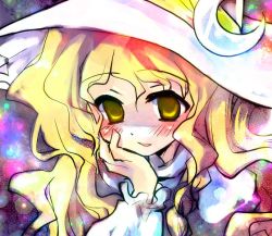 Rule 34 | 1girl, blonde hair, blush, braid, close-up, closed mouth, crescent, female focus, hat, head rest, kinkirara, kirisame marisa, long sleeves, looking at viewer, queen qko, single braid, smile, solo, touhou, upper body, witch hat