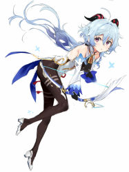 Rule 34 | 1girl, bare shoulders, bell, blue hair, blush, bodysuit, bow (weapon), cowbell, crossbow, detached sleeves, full body, ganyu (genshin impact), genshin impact, goat horns, high heels, holding, holding weapon, horns, long sleeves, pantyhose, parted lips, pinch (nesume), purple eyes, simple background, solo, weapon, white background