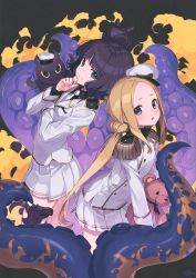 Rule 34 | 2girls, :o, abigail williams (fate), alternate costume, alternate hairstyle, animal, black hair, black shirt, blonde hair, blue eyes, blush, closed mouth, collared shirt, commentary request, demon girl, epaulettes, fate/grand order, fate (series), fingernails, forehead, gun, hair bun, hand to own mouth, handgun, hat, holster, jacket, katsushika hokusai (fate), long hair, long sleeves, looking at viewer, low twintails, mini hat, multiple girls, nagu, necktie, octopus, parted bangs, parted lips, peaked cap, pistol, pleated skirt, shirt, sidelocks, single hair bun, skirt, smile, stuffed animal, stuffed toy, teddy bear, tentacles, thigh holster, tilted headwear, tokitarou (fate), twintails, very long hair, weapon, white hat, white jacket, white neckwear, white skirt