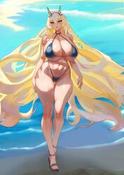 Rule 34 | 1girl, abs, bare shoulders, barghest (fate), beach, bikini, blonde hair, breasts, fate/grand order, fate (series), high heels, horns, huge breasts, long hair, muscular, muscular female, short hair, solo, suzhitu, swimsuit, thick thighs, thigh gap, thighs, toeless footwear, toes, very short hair