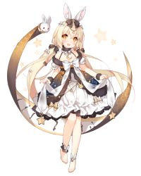 Rule 34 | 1girl, animal ears, anklet, bare shoulders, barefoot, blonde hair, dress, full body, jewelry, long hair, official art, rabbit ears, saru, simple background, solo, twintails, yellow eyes