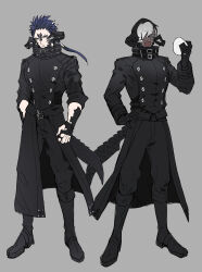 Rule 34 | 2boys, absurdres, au ra, black coat, black footwear, black gloves, black hair, black horns, black pants, blue eyes, boots, closed mouth, coat, collared coat, colored sclera, commentary request, dark-skinned male, dark skin, fang, final fantasy, final fantasy xiv, food, full body, gloves, gradient hair, grey background, grey hair, grey sclera, hand on own hip, hand up, high collar, highres, holding, holding food, horns, long hair, long sleeves, looking at viewer, low horns, low ponytail, male focus, multicolored hair, multiple boys, onigiri, open mouth, pants, purple hair, short hair, simple background, slit pupils, standing, user mtrh8528, warrior of light (ff14)