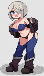 Rule 34 | 1girl, absurdres, angel (kof), backless pants, blue eyes, boots, bra, breasts, chaps, cleavage, crop top, cropped jacket, fingerless gloves, gloves, hair over one eye, highres, jacket, jimafy, large breasts, leather, leather jacket, looking at viewer, midriff, navel, panties, pants, short hair, smile, snk, solo, strapless, strapless bra, the king of fighters, the king of fighters 2001, toned, underwear, white hair