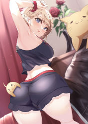 Rule 34 | 1girl, absurdres, arm up, armpits, ass, azur lane, bed, bed sheet, bird, blurry, bracelet, brown hair, chick, commentary request, cross, curtains, depth of field, flower, from behind, grey eyes, head tilt, highres, iron cross, jewelry, looking at viewer, looking back, manjuu (azur lane), official alternate costume, pajamas, parted lips, puripuri, red flower, red rose, rose, short hair, sidelocks, smile, solo, spaghetti strap, stuffed animal, stuffed cat, stuffed toy, twisted torso, wrist cuffs, z23 (azur lane), z23 (keeper of the comf-fort) (azur lane)