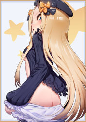 Rule 34 | 1girl, abigail williams (fate), ass, black bow, black dress, black hat, blonde hair, bloomers, bloomers pull, blue eyes, blush, bow, breasts, butt crack, clothes lift, dress, dress lift, fate/grand order, fate (series), forehead, from below, hat, long hair, long sleeves, looking at viewer, looking back, nipples, open mouth, orange bow, parted bangs, ribbed dress, senkou tobaku, simple background, small breasts, star (symbol), underwear, white bloomers