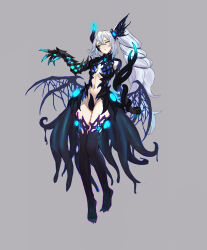 Rule 34 | 1girl, absurdres, closed eyes, commission, corruption, full body, glowing, grey background, grey hair, highres, horns, living clothes, long hair, looking at viewer, magical girl, navel, original, ponytail, shen hai ichigo, single horn, skeletal wings, solo, standing, tachi-e, tentacle clothes, tentacles, thighhighs, veins, very long hair, wings