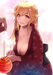Rule 34 | 1girl, :d, artist name, azur lane, balloon, blonde hair, blush, breasts, cleavage, collarbone, commentary request, dermar, festival, fingernails, floral print, hair between eyes, highres, japanese clothes, kimono, large breasts, lens flare, long fingernails, long hair, long sleeves, looking at viewer, obi, open mouth, original, pov, print kimono, red eyes, red kimono, sash, sidelocks, smile, solo, squatting, summer festival, tearing up, water balloon, water yoyo, wide sleeves, yukata