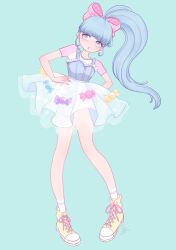 Rule 34 | 1girl, ankle socks, aqua background, blue eyes, blue hair, blue nails, blunt bangs, bow, bustier, candy, candy wrapper, food, food-themed clothes, freckles, full body, hair bow, hands on own hips, highres, long hair, looking to the side, nail polish, original, pastel colors, petticoat, pigeon-toed, polka dot, polka dot bow, ponytail, puckered lips, raglan sleeves, see-through, shoes, short sleeves, skirt, sneakers, socks, solo, white nails, yori (ito haruki)