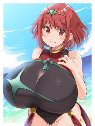 Rule 34 | 1girl, absurdres, black one-piece swimsuit, blush, breasts, chest jewel, competition swimsuit, covered collarbone, covered navel, headpiece, highres, huge breasts, kurokaze no sora, one-piece swimsuit, pyra (pro swimmer) (xenoblade), pyra (xenoblade), red eyes, red hair, red one-piece swimsuit, smile, solo, strapless, strapless one-piece swimsuit, swept bangs, swimsuit, tiara, two-tone swimsuit, xenoblade chronicles (series), xenoblade chronicles 2