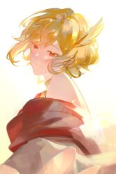 Rule 34 | 1girl, bare shoulders, blonde hair, citrinne (fire emblem), closed mouth, earrings, feather hair ornament, feathers, fire emblem, fire emblem engage, hair ornament, highres, hoop earrings, jewelry, looking at viewer, milkbean, nintendo, red eyes, short hair, simple background, solo, upper body, white background