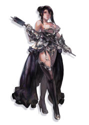Rule 34 | 1girl, aoin, armor, bare shoulders, black footwear, black hair, boots, borrowed character, breasts, cleavage, corset, female focus, garter straps, gauntlets, hair bun, high heel boots, high heels, highres, large breasts, lips, mace, original, purple eyes, single hair bun, solo, thigh boots, thighhighs, weapon