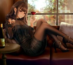 Rule 34 | 1girl, alcohol, bad id, bad pixiv id, black dress, black footwear, blunt bangs, blurry, blurry background, blush, bottle, breasts, brown hair, brown pantyhose, commentary, couch, cup, day, dress, drinking glass, dsr-50 (girls&#039; frontline), earrings, fashion, feet on chair, feet out of frame, german text, girls&#039; frontline, hair ornament, hand in own hair, head tilt, high heels, highres, holding, holding cup, indoors, jewelry, knees up, large breasts, long hair, long sleeves, looking at viewer, pantyhose, parted lips, pillow, reclining, red eyes, revision, sandals, see-through, sidelocks, sitting, sitting sideways, smile, solo, stiletto heels, strapless, strapless dress, strappy heels, table, tube dress, turisasu, very long hair, window, wine, wine glass