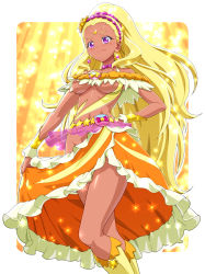Rule 34 | 1girl, adapted costume, amamiya elena, areola slip, blonde hair, boots, breasts, circlet, closed mouth, cure soleil, earrings, frills, hair ornament, hand on own hip, jewelry, knee boots, kohsaka jun, long hair, looking at viewer, magical girl, orange skirt, precure, purple eyes, revealing clothes, shiny skin, skindentation, skirt, skirt hold, smile, solo, star twinkle precure, tan, underboob, wrist cuffs, yellow background, yellow footwear