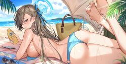 Rule 34 | 1girl, alternate costume, ass, asuna (blue archive), barefoot, beach, beach umbrella, bikini, unworn bikini top, blue archive, blue bikini, blue sky, blush, bottle, breasts, brown hair, cellphone, day, feet, highres, holding, large breasts, long hair, looking at viewer, looking back, lotion, lying, o-ring, o-ring bikini, o-ring bottom, ocean, on stomach, outdoors, palm tree, phone, pine (angel4195202), ribbon, sand, sideboob, sky, smartphone, smile, solo, string bikini, sunscreen, swimsuit, the pose, thighs, toes, tree, umbrella, untied bikini, water