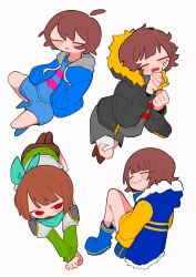Rule 34 | 4others, ahoge, androgynous, bandaged leg, bandages, bandaid, bandaid on face, blue footwear, blue hoodie, blue sweater, blunt bangs, blush stickers, bow, chara (undertale), clenched hands, closed eyes, detached ahoge, expressionless, floating, frisk (undertale), full body, green bow, green sweater, grey jacket, hands in pockets, highres, hood, hoodie, jacket, multiple others, no nose, original, red eyes, short hair, smile, striped clothes, striped sweater, sweatdrop, sweater, tadeno, undertale, white background