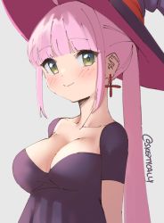 Rule 34 | 1girl, breasts, cleavage, closed mouth, collarbone, commentary, dated commentary, dress, earrings, green eyes, grey background, hat, jewelry, kazairo kotone, large breasts, looking at viewer, purple dress, purple hat, rpg fudousan, simple background, skeptycally, smile, solo, witch hat