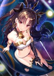 Rule 34 | 1girl, anklet, armlet, asymmetrical sleeves, bare shoulders, bikini, black bikini, black ribbon, blush, breasts, bridal gauntlets, cleavage, earrings, fate/grand order, fate (series), feet, hair ribbon, heavenly boat maanna, highres, hoop earrings, ishtar (fate), jewelry, long hair, looking at viewer, medium breasts, mismatched bikini, navel, neck ring, parted bangs, red eyes, ribbon, shanguier, single sleeve, single thighhigh, smile, solo, swimsuit, thighhighs, thighs, tiara, toes, two side up, uneven sleeves, white bikini