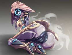Rule 34 | 1girl, android, anus, ass, breasts, cleft of venus, faceless, female focus, full body, gradient background, humanoid robot, ivara (warframe), medium breasts, nipples, nude, pochincoff, pussy, robot, sitting, solo, source request, warframe