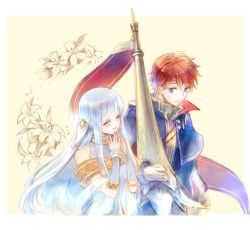 Rule 34 | 1boy, 1girl, bad id, bad twitter id, bare shoulders, blue hair, cape, closed eyes, dress, eliwood (fire emblem), fire emblem, fire emblem: the blazing blade, fire emblem heroes, gloves, hair ornament, long hair, ninian, nintendo, open mouth, red hair, short hair, smile
