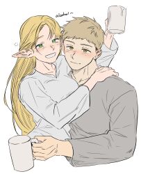 Rule 34 | 1boy, 1girl, :d, alcohol, blonde hair, commentary request, cup, drunk, dungeon meshi, elf, english text, green eyes, grey shirt, highres, holding, holding cup, hug, korean commentary, laios touden, leaning on person, light blush, long hair, looking at viewer, marcille donato, mmachoii, mug, open mouth, parted bangs, pointy ears, shirt, short hair, smile, upper body, very long hair, white background, white shirt, yellow eyes