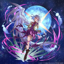 Rule 34 | 1girl, boots, brown footwear, dress, feathered wings, feathers, full moon, grey hair, grey jacket, hair between eyes, highres, jacket, kishin sagume, knees, legs, long sleeves, misekiss, moon, official art, open clothes, open jacket, open mouth, purple dress, red eyes, short hair, single wing, solo, star (sky), thighs, touhou, touhou arcadia record, white wings, wings