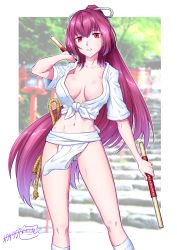 Rule 34 | 1girl, border, breasts, breasts apart, collarbone, commentary request, dual wielding, fate/grand order, fate (series), fundoshi, highres, holding, japanese clothes, large breasts, long hair, looking at viewer, matatabi (karukan222), midriff, navel, purple hair, red eyes, rope, scathach (fate), scathach (fate), signature, solo, very long hair, white border
