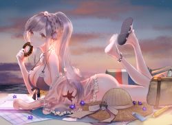 Rule 34 | 1girl, anklet, ass, azur lane, bag, beach, bikini, book, bottle, braid, breasts, doughnut, dunkerque (azur lane), dunkerque (summer sucre) (azur lane), eating, evening, flower, food, front-tie bikini top, front-tie top, hair flower, hair ornament, hairband, hat, unworn hat, unworn headwear, highres, jewelry, lace-trimmed hairband, lace trim, long hair, looking at viewer, lying, ocean, on stomach, ponytail, rec.07, sand, sandals, see-through, unworn shoe, sidelocks, silver hair, starfish, straw hat, swimsuit, the pose, white hairband