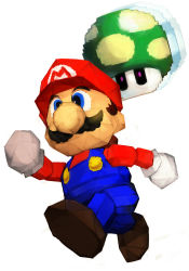 Rule 34 | 1-up mushroom, 1boy, blouse, blue eyes, blue overalls, facial hair, from below, hat, hungry clicker, low poly, male focus, mario, mario (series), mushroom, mustache, nintendo, overalls, red hat, red shirt, running, shirt, simple background, solo, solo focus, super mario 64, white background