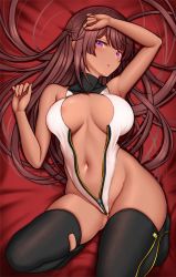 Rule 34 | 1girl, alice gear aegis, areola slip, arm up, armpits, bare arms, bare shoulders, bed sheet, black thighhighs, blush, breasts, brown hair, center opening, cleavage, commentary request, covered collarbone, dark-skinned female, dark skin, fatima betrorum, from above, groin, hand on forehead, heattech leotard, highleg, highleg leotard, knees up, large breasts, leg up, leotard, long hair, looking at viewer, lying, navel, on back, open leotard, parted lips, purple eyes, skindentation, solo, stomach, thighhighs, torn clothes, torn thighhighs, turtleneck, unzipped, very long hair, white leotard, zipper pull tab, zukky