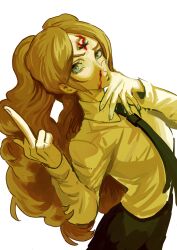 Rule 34 | 1girl, absurdres, black necktie, black pants, blood, blue eyes, blush, brown hair, charlotte pudding, collared shirt, commentary, english commentary, highres, lips, long hair, long sleeves, looking at viewer, middle finger, necktie, nosebleed, one piece, pants, rita ya, shirt, sketch, solo, third eye, twintails, white background, white shirt