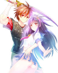 Rule 34 | 1boy, 1girl, ass, bandages, blush, edobox, hairband, hand on another&#039;s hip, highres, looking at viewer, no panties, red eyes, school uniform, skirt, smile, sword, torn clothes, torn skirt, vest, weapon, white background, world walkers chronicle
