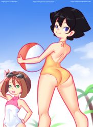Rule 34 | 2girls, ass, ball, beachball, black hair, cloud, drantyno, eyewear on head, flat chest, from behind, green eyes, hand on own hip, highres, holding, looking at viewer, looking back, megu (ryuhi), multiple girls, one-piece swimsuit, open mouth, palm tree, purple eyes, short hair, sky, smile, sparkle, standing, sunglasses, swimsuit, teeth, tree, white one-piece swimsuit, yellow one-piece swimsuit