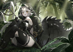 Rule 34 | 1girl, ahoge, arknights, bare shoulders, black thighhighs, crocodilian tail, gloves, grass, highres, holding, holding staff, hood, hood up, knees up, large tail, leaf, long hair, long sleeves, looking at viewer, mannouyakunta, nature, open mouth, outdoors, plant, pointy ears, short hair, silver hair, sitting, solo, staff, tail, thighhighs, thighs, tomimi (arknights), torn clothes, torn thighhighs, tree, yellow eyes