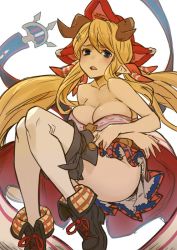 Rule 34 | 10s, 1girl, black footwear, blonde hair, blue eyes, boots, breasts, cleavage, cross-laced footwear, draph, granblue fantasy, hair ribbon, hallessena, horns, lace-up boots, large breasts, long hair, low twintails, miniskirt, open mouth, plaid, plaid skirt, pointy ears, red skirt, ribbon, robo8, simple background, skirt, solo, strapless, thighhighs, tube top, twintails, very long hair, white background, white thighhighs
