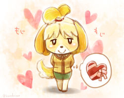 Rule 34 | 1girl, animal crossing, animal ears, black eyes, blonde hair, blush, dog ears, dog tail, female focus, full body, furry, furry female, gift, green skirt, hair tie, hanadaame, heart, isabelle (animal crossing), jacket, long sleeves, looking at viewer, nintendo, pencil skirt, short hair, simple background, skirt, smile, solo, standing, tail, text focus, thought bubble, translation request, valentine, yellow background, yellow jacket