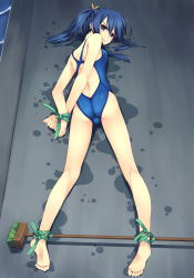 Rule 34 | 1girl, angry, arms behind back, ass, back, barefoot, bdsm, blue eyes, blue hair, blue haired girl (murakami suigun), blue one-piece swimsuit, bondage, bound, bound wrists, breasts, cameltoe, competition swimsuit, f-ism, feet, flat ass, grimace, hair between eyes, highleg, highleg swimsuit, highres, holding legs, kneepits, leash, legs, long legs, looking back, lying, matching hair/eyes, mop, murakami suigun, on stomach, one-piece swimsuit, original, ponytail, small breasts, soles, solo, spread legs, spreader bar, swimsuit, tears, toe scrunch, toes, trefoil, wet