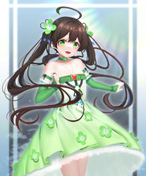 Rule 34 | 1girl, :d, absurdres, ahoge, bridal gauntlets, brown hair, commentary request, dress, flower, frilled dress, frills, green dress, green eyes, green flower, green hair, hair between eyes, hair flower, hair ornament, han (hehuihuihui), highres, long hair, looking at viewer, multicolored hair, open mouth, original, pleated dress, smile, solo, strapless, strapless dress, streaked hair, twintails, very long hair