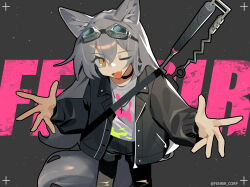 Rule 34 | absurdres, animal ears, baseball bat, black thighhighs, character name, cowboy shot, english text, fang, ghost (tama), goggles, goggles on head, grey hair, highres, jacket, leather, leather jacket, long hair, one eye closed, open mouth, original, shorts, tail, thighhighs, wolf ears, wolf girl, wolf tail, yellow eyes