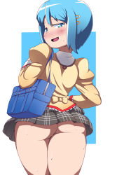 Rule 34 | 10s, 1girl, ass, bag, blue eyes, blue hair, blush, curvy, from behind, gluteal fold, highres, kani club, looking back, mahou shoujo madoka magica, miki sayaka, naughty face, no panties, skirt, smile, sweat, thick thighs, thighs, upskirt, wide hips