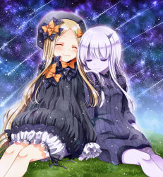 Rule 34 | 2girls, abigail williams (fate), bags under eyes, black bow, black dress, black hat, blonde hair, bloomers, blush, bow, bug, butterfly, closed eyes, closed mouth, commentary request, dress, falling star, fate/grand order, fate (series), grass, hair bow, hands in opposite sleeves, hat, horns, insect, lavinia whateley (fate), long hair, long sleeves, multiple girls, night, night sky, on grass, orange bow, outdoors, pale skin, parted bangs, polka dot, polka dot bow, sakura tsubame, shooting star, single horn, sitting, sky, smile, star (sky), starry sky, underwear, very long hair, white bloomers, white hair