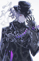 Rule 34 | 1boy, absurdres, black cloak, black gloves, blue fire, cloak, cracked skin, edmond dantes (fate), elaine-didaea, fate/grand order, fate (series), fire, flaming hand, formal, gloves, glowing, gradient hair, grey hair, half mask, hat, highres, looking at viewer, male focus, mask, multicolored hair, purple fire, red eyes, smile, solo, suit, the count of monte cristo (fate), top hat, wavy hair