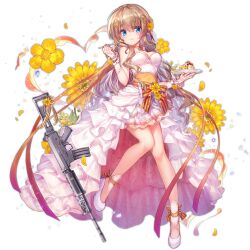 Rule 34 | 1girl, :q, alternate hairstyle, ankle ribbon, assault rifle, blue eyes, breasts, bridal veil, bride, brown hair, cake, choker, cleavage, closed mouth, dress, flower, fn fnc, fnc (girls&#039; frontline), fnc (strawberry cake &amp; garden cosmos) (girls&#039; frontline), food, fork, full body, girls&#039; frontline, gun, hair ornament, high heels, holding, holding fork, jewelry, large breasts, leg ribbon, long hair, looking at viewer, no socks, official alternate costume, official art, oppai loli, orange choker, orange ribbon, plate, ribbon, rifle, ring, shenbei xiaoqiu, simple background, smile, solo, tongue, tongue out, transparent background, veil, weapon, wedding dress, wedding ring, white dress, white footwear