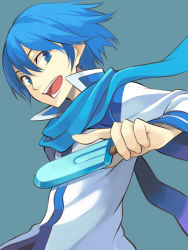 Rule 34 | 1boy, bad id, bad pixiv id, blue eyes, blue hair, blue scarf, face, food, kaito (vocaloid), male focus, matching hair/eyes, minoa (lastswallow), popsicle, scarf, short hair, simple background, smile, solo, vocaloid