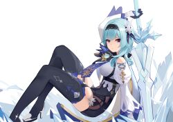 Rule 34 | 1girl, absurdres, arm support, black footwear, black gloves, black hairband, blue cape, blue hair, blue necktie, boots, breasts, cape, chest harness, closed mouth, clothing cutout, crystal sword, eula (genshin impact), flyyao, genshin impact, gloves, greatsword, hairband, hand up, harness, high-waist shorts, high heel boots, high heels, highres, holding, holding sword, holding weapon, ice shard, juliet sleeves, knees up, long sleeves, looking at viewer, medium breasts, medium hair, necktie, puffy sleeves, purple eyes, shorts, shoulder cutout, sidelocks, solo, sword, sword behind back, thigh boots, vision (genshin impact), weapon, white background, white sleeves, wide sleeves