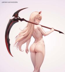 Rule 34 | 1girl, ai-assisted, ass, aztodio, back, blonde hair, blush, breasts, chainsaw man, completely nude, demon horns, floating hair, from behind, holding, holding scythe, horns, long hair, medium breasts, nude, patreon username, power (chainsaw man), red horns, scythe, solo, very long hair, watermark, web address, white background, yellow eyes