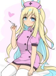 Rule 34 | 1girl, absurdres, alternate costume, blonde hair, blue eyes, breasts, closed mouth, commentary request, hair between eyes, hair ornament, hat, heart, highres, holding, holding syringe, looking at viewer, medium breasts, multicolored hair, neo universe (umamusume), nurse, nurse cap, shimosazami, simple background, sitting, solo, syringe, thighhighs, two-tone hair, umamusume, white background
