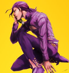 Rule 34 | 1boy, absurdres, braid, braided ponytail, character doll, crop top, freckles, hand on own face, highres, jojo no kimyou na bouken, long hair, male focus, midriff, on one knee, purple hair, ribbed sweater, sano (hospital 0434), solo, sweater, vento aureo, vinegar doppio, yellow eyes