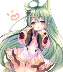 Rule 34 | 1girl, :3, absurdly long hair, ahoge, akashi (azur lane), animal ears, azur lane, cat ears, commentary request, cowboy shot, dress, green hair, hair between eyes, hair ornament, hands in opposite sleeves, head tilt, heart, leaning to the side, long hair, long sleeves, looking at viewer, parted lips, simple background, smile, solo, twitter username, very long hair, white background, white dress, wide sleeves, yellow eyes, yuasa akira